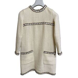 Chanel Womens Cream Tweed Dress With Chain Trim Size 40 Made In France Elegant D